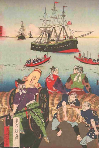 Barques, canons de bronze et armures laquées de troupes du Shogun, face aux vaisseaux cuirassés arborant le pavillon américain.